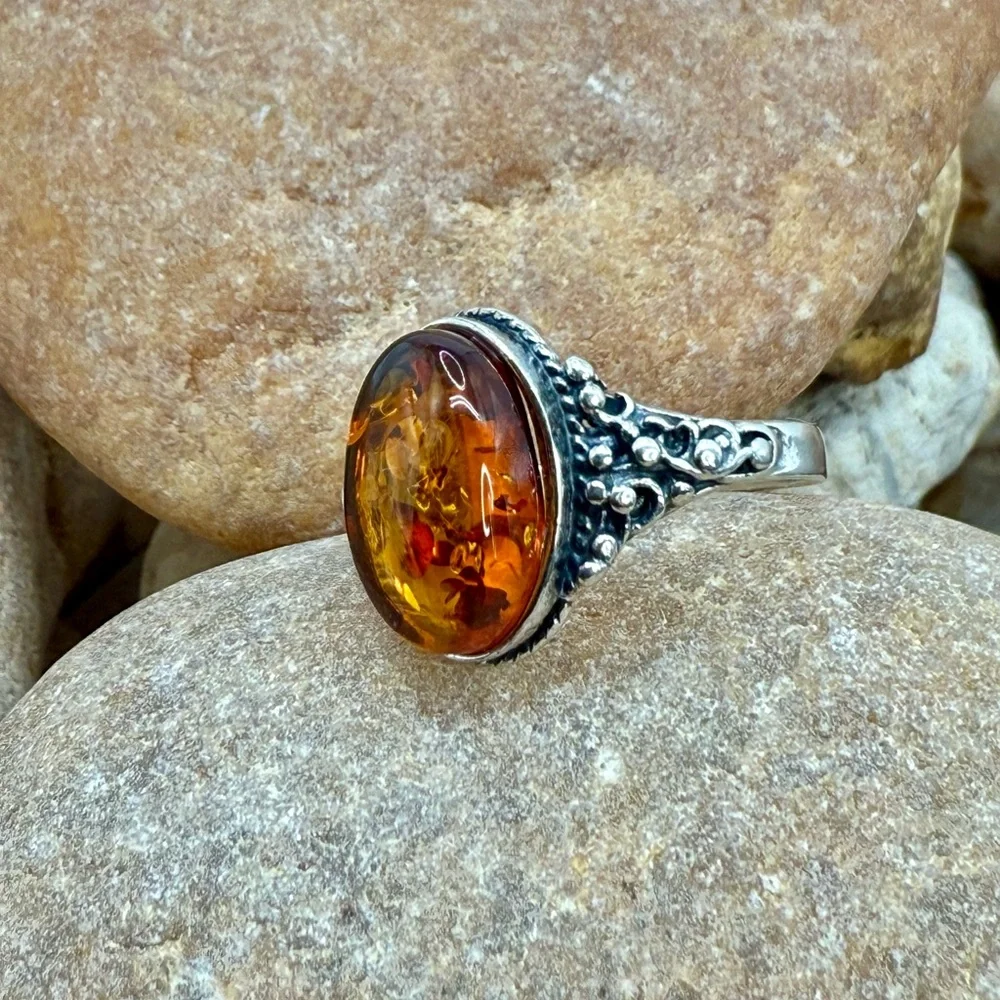 Vintage Cognac Baltic Amber Sterling Silver Filigree Ring Size 6